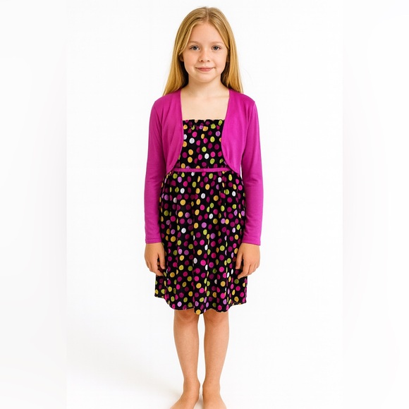 Girls Polka Dot Dress w/ Built-In Cardigan - Picture 1 of 5
